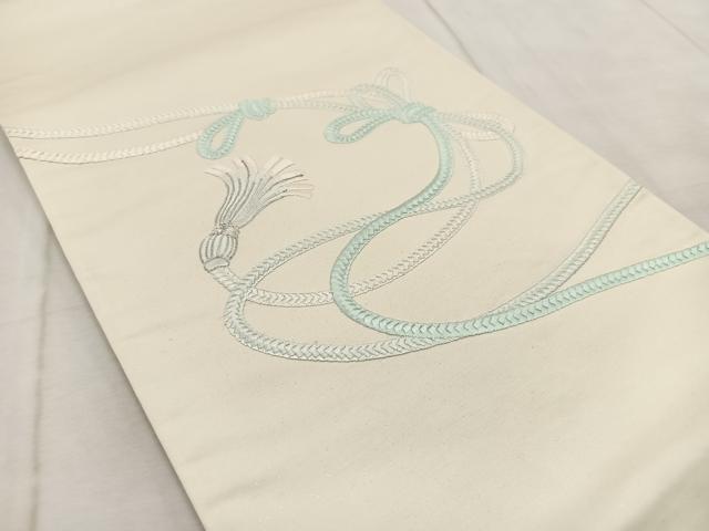 平和屋着物◎太鼓柄袋帯　総刺繍　銀駒刺繍　結び紐文　銀糸　正絹　逸品　BAAV6797yc