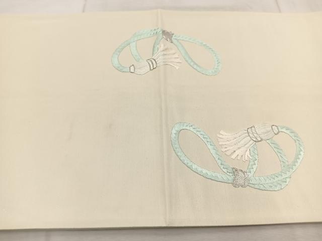 平和屋着物◎太鼓柄袋帯　総刺繍　銀駒刺繍　結び紐文　銀糸　正絹　逸品　BAAV6797yc