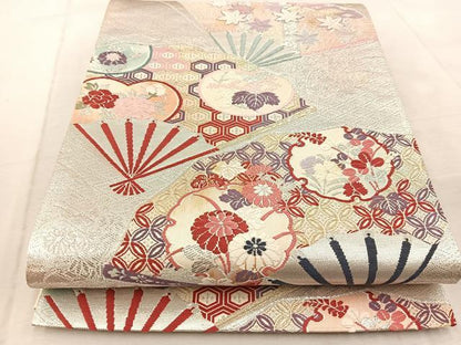 平和屋着物◎六通柄袋帯 唐織 扇面花文 銀糸 正絹 逸品 BAAV6821yc