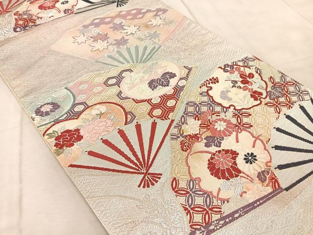 平和屋着物◎六通柄袋帯 唐織 扇面花文 銀糸 正絹 逸品 BAAV6821yc