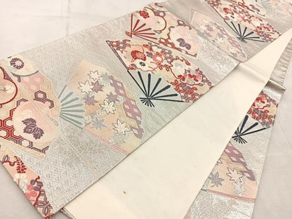 平和屋着物◎六通柄袋帯 唐織 扇面花文 銀糸 正絹 逸品 BAAV6821yc