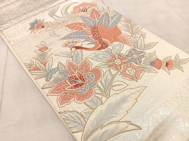 平和屋着物◎太鼓柄袋帯　鳳凰更紗　銀糸　正絹　逸品　BAAV6830yc
