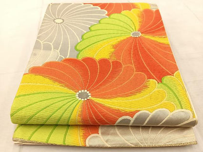 平和屋着物◎六通柄袋帯　唐織　菊花文　銀糸　正絹　逸品　BAAV6837yc