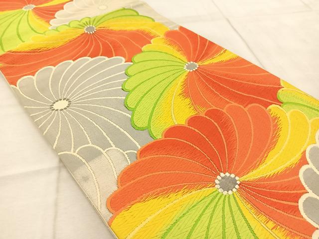 平和屋着物◎六通柄袋帯　唐織　菊花文　銀糸　正絹　逸品　BAAV6837yc