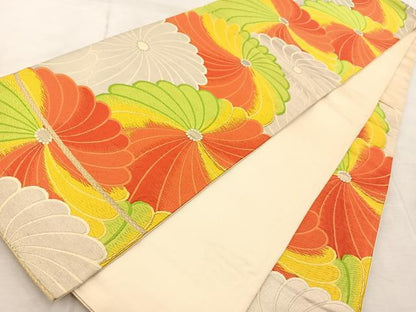 平和屋着物◎六通柄袋帯　唐織　菊花文　銀糸　正絹　逸品　BAAV6837yc