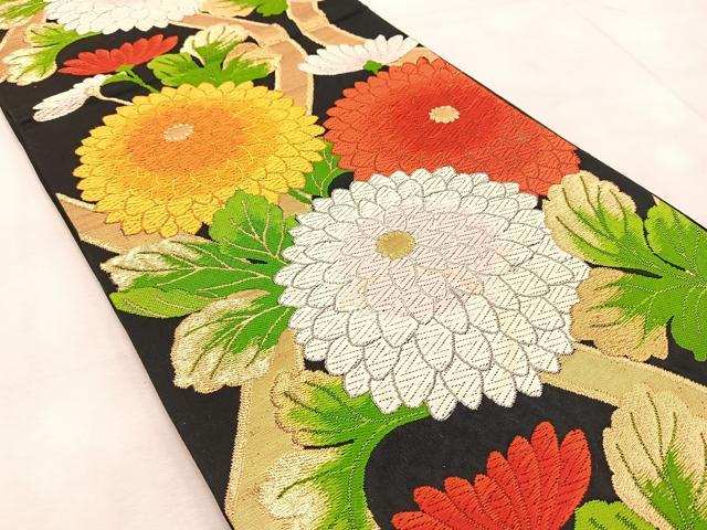 平和屋着物◎六通柄袋帯　唐織　立波菊文　黒地　金糸　正絹　逸品　BAAV6841yc