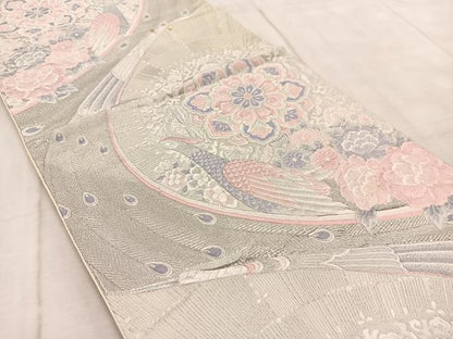 平和屋着物◎六通柄袋帯　唐織　九百錦　プラチナ箔　孔雀花文　銀糸　正絹　逸品　BAAV6873yc