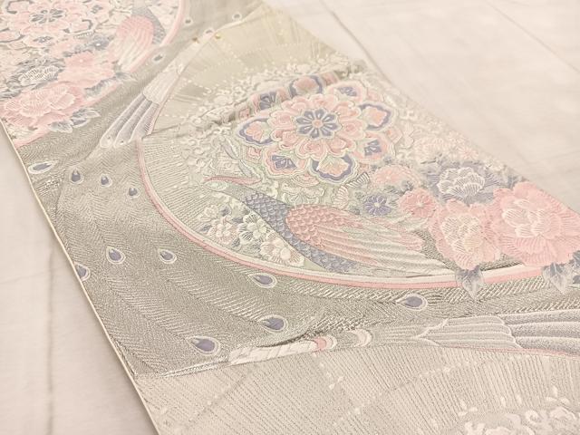 平和屋着物◎六通柄袋帯　唐織　九百錦　プラチナ箔　孔雀花文　銀糸　正絹　逸品　BAAV6873yc