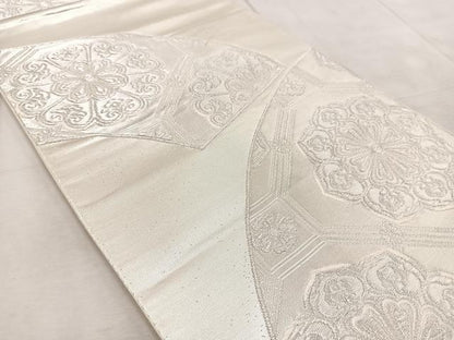 平和屋着物◎六通柄袋帯　羽衣　地紙蜀江花文　銀糸　正絹　逸品　BAAV6897yc
