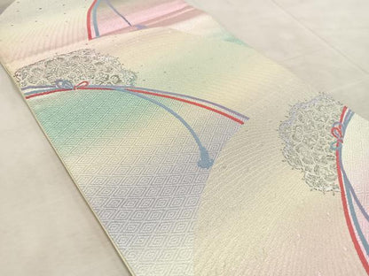 平和屋着物◎六通柄袋帯　唐織　結び紐花文　銀糸　正絹　逸品　BAAV6905yc