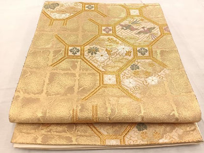 平和屋着物◎六通柄袋帯　唐織　蜀江花鳥文　金糸　正絹　逸品　BAAV6914yc