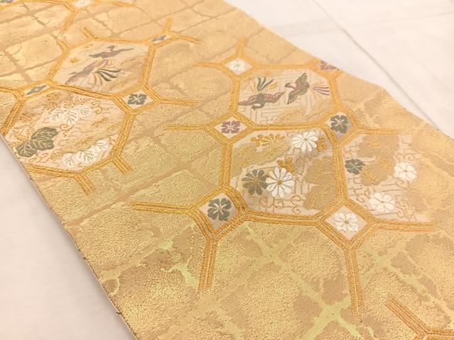 平和屋着物◎六通柄袋帯　唐織　蜀江花鳥文　金糸　正絹　逸品　BAAV6914yc