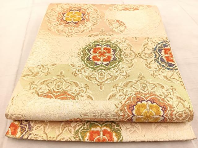平和屋着物◎太鼓柄袋帯　唐織　正倉院花文　金糸　正絹　逸品　BAAV7033yc