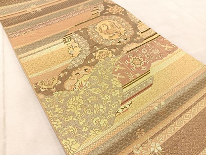 平和屋着物◎六通柄袋帯　漆　道長更紗花鳥文　金糸　正絹　逸品　BAAV7041yc