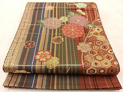 平和屋着物◎六通柄袋帯　唐織　舞花文　金糸　正絹　逸品　BAAV7046yc
