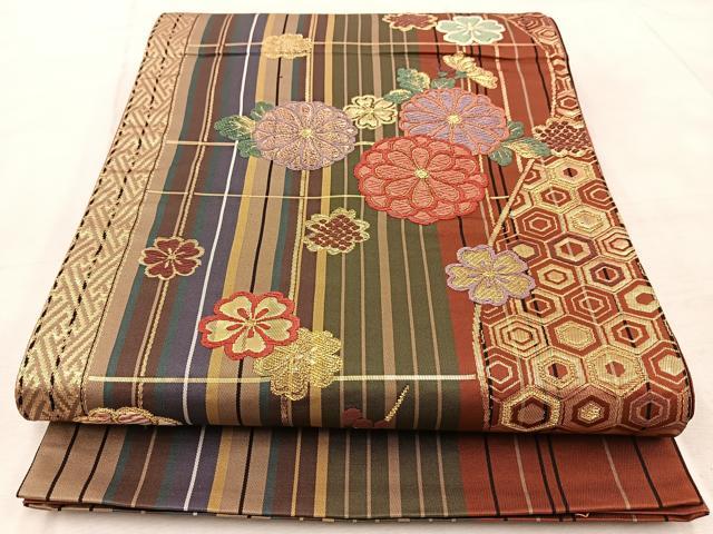 平和屋着物◎六通柄袋帯　唐織　舞花文　金糸　正絹　逸品　BAAV7046yc