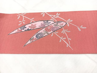 平和屋着物＊夏物　九寸名古屋帯　笹の葉取草花文　銀彩　未使用　BAAV7057yc