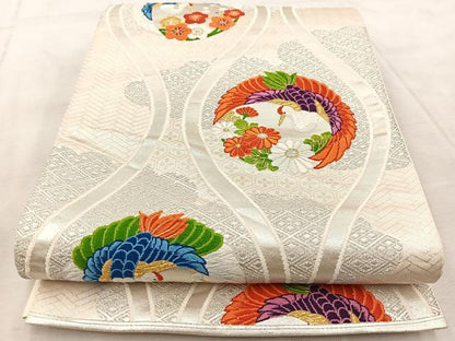 平和屋着物◎六通柄袋帯　唐織　飛鶴立涌花文　金銀糸　正絹　逸品　BAAV7085yc