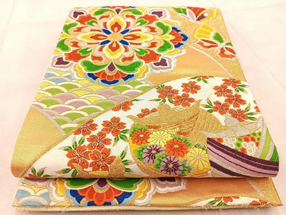 平和屋着物◎六通柄袋帯　唐織　糸巻き花蝶文　金銀糸　正絹　逸品　BAAV7086yc