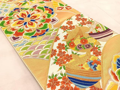 平和屋着物◎六通柄袋帯　唐織　糸巻き花蝶文　金銀糸　正絹　逸品　BAAV7086yc