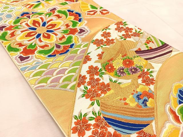 平和屋着物◎六通柄袋帯　唐織　糸巻き花蝶文　金銀糸　正絹　逸品　BAAV7086yc