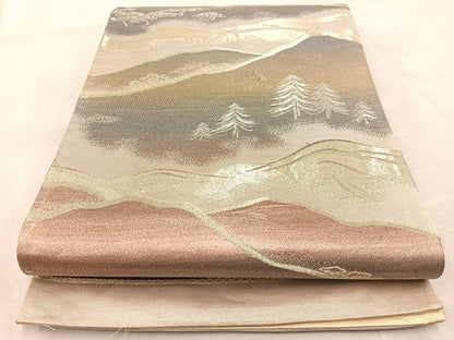 平和屋着物◎六通柄袋帯　遠山樹林文　金銀糸　引箔　正絹　逸品　BAAV7094yc