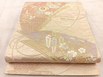 平和屋着物◎六通柄袋帯　唐織　檜扇花文　金銀糸　正絹　逸品　BAAV7103yc