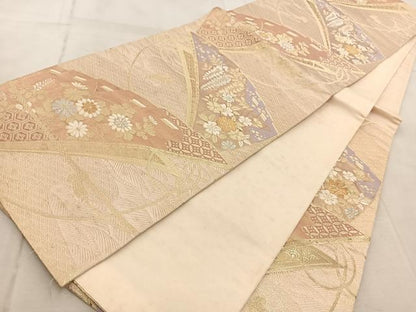 平和屋着物◎六通柄袋帯　唐織　檜扇花文　金銀糸　正絹　逸品　BAAV7103yc