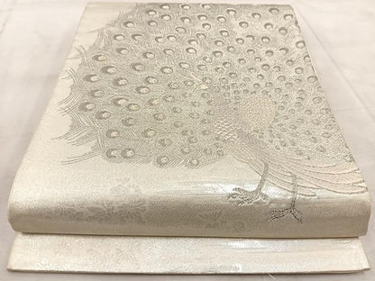 平和屋着物◎太鼓柄袋帯　唐織　雄麗四季孔雀文　銀糸　正絹　逸品　BAAV7105yc