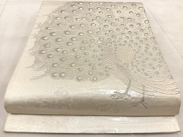平和屋着物◎太鼓柄袋帯　唐織　雄麗四季孔雀文　銀糸　正絹　逸品　BAAV7105yc