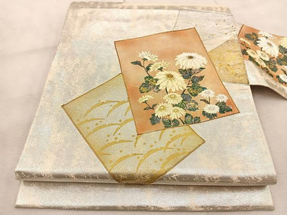 平和屋着物◎九寸名古屋帯　色紙重ね菊花文　金銀糸　引箔　正絹　逸品　BAAV7106yc