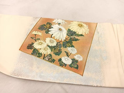 平和屋着物◎九寸名古屋帯　色紙重ね菊花文　金銀糸　引箔　正絹　逸品　BAAV7106yc