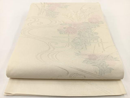平和屋着物＊夏物　六通柄袋帯　流水秋草文　銀糸　正絹　逸品　baav7112yc