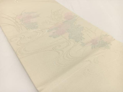 平和屋着物＊夏物　六通柄袋帯　流水秋草文　銀糸　正絹　逸品　baav7112yc