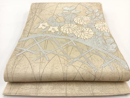 平和屋着物＊夏物 太鼓柄袋帯 銀駒刺繍 籬秋草文 銀 正絹 逸品 BAAV7135yc