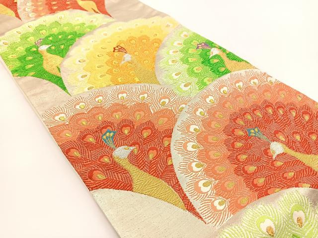 平和屋着物▼六通柄袋帯　唐織　孔雀青海波　金銀彩　正絹　逸品　BAAV7154yc