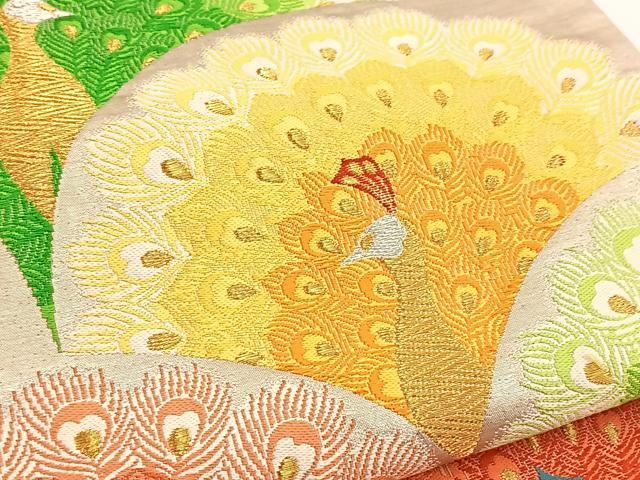 平和屋着物▼六通柄袋帯　唐織　孔雀青海波　金銀彩　正絹　逸品　BAAV7154yc