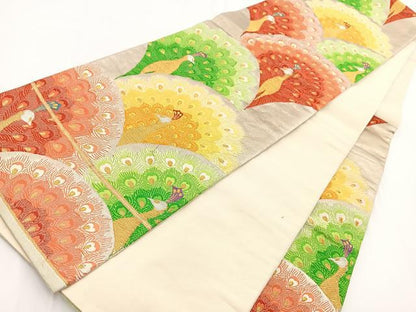 平和屋着物▼六通柄袋帯　唐織　孔雀青海波　金銀彩　正絹　逸品　BAAV7154yc