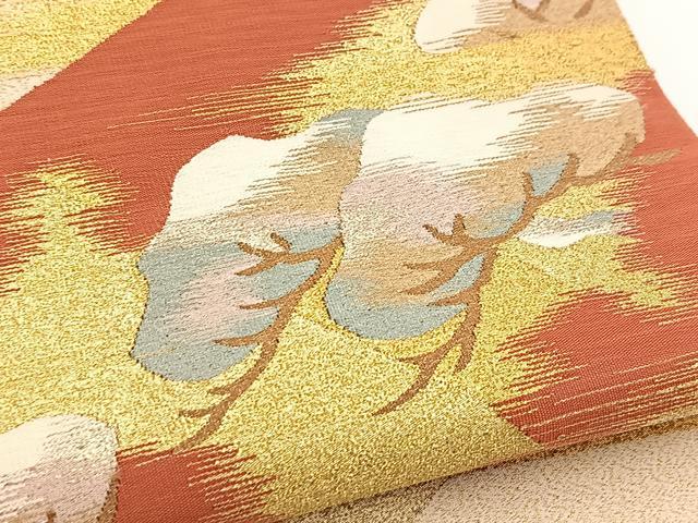 平和屋着物●爪掻き本綴れ　太鼓柄袋帯　扇面松文　金銀糸　正絹　逸品　BAAV7175yc