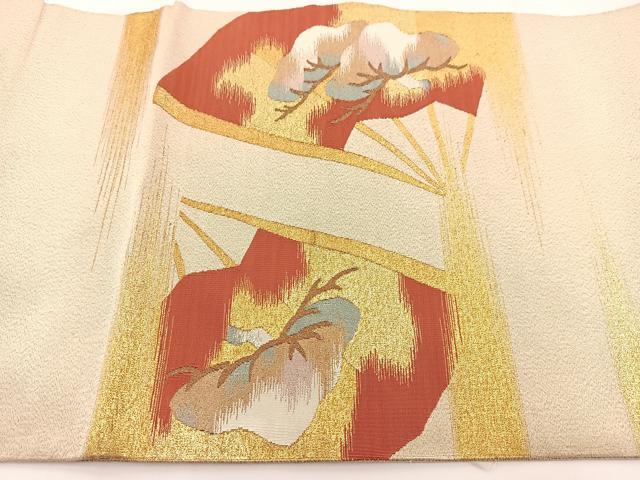平和屋着物●爪掻き本綴れ　太鼓柄袋帯　扇面松文　金銀糸　正絹　逸品　BAAV7175yc