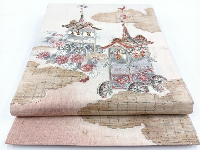 平和屋着物●両面 太鼓柄袋帯 結城紬地 刺繍 祇園祭 金銀糸 正絹 逸品 BAAV7178yc