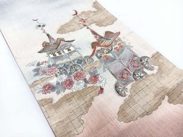 平和屋着物●両面 太鼓柄袋帯 結城紬地 刺繍 祇園祭 金銀糸 正絹 逸品 BAAV7178yc