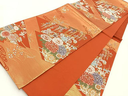 平和屋着物◎六通柄袋帯 唐織 流水花車文 金糸 正絹 逸品 BAAV7180yc