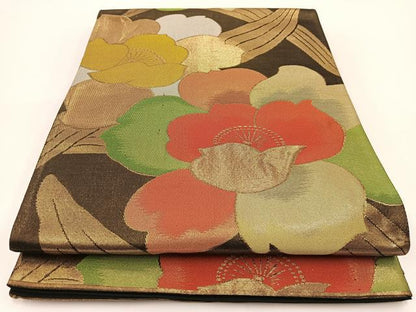 平和屋着物◎六通柄袋帯　草花文　金糸　正絹　逸品　BAAV7184yc