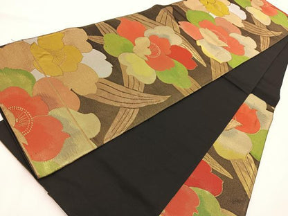 平和屋着物◎六通柄袋帯　草花文　金糸　正絹　逸品　BAAV7184yc