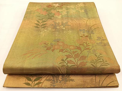 平和屋着物◎六通柄袋帯　秋草文　金糸　引箔　正絹　逸品　BAAV7192yc