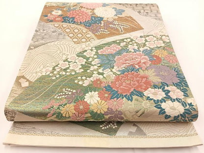 平和屋着物◎六通柄袋帯　唐織　立波地紙花車文　金銀糸　正絹　逸品　BAAV7201yc
