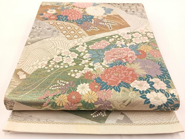 平和屋着物◎六通柄袋帯　唐織　立波地紙花車文　金銀糸　正絹　逸品　BAAV7201yc