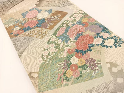 平和屋着物◎六通柄袋帯　唐織　立波地紙花車文　金銀糸　正絹　逸品　BAAV7201yc