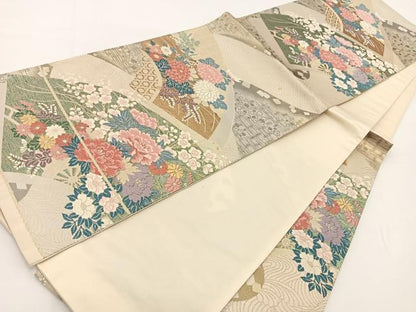 平和屋着物◎六通柄袋帯　唐織　立波地紙花車文　金銀糸　正絹　逸品　BAAV7201yc